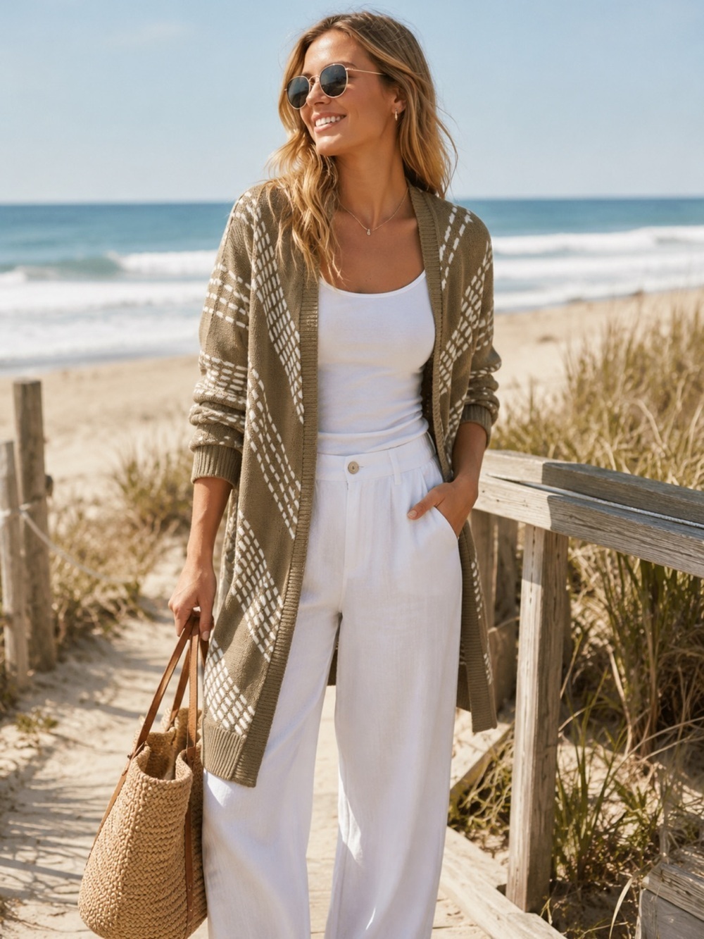 ByDesign - NWT long open cardigan tan with white accents - size M